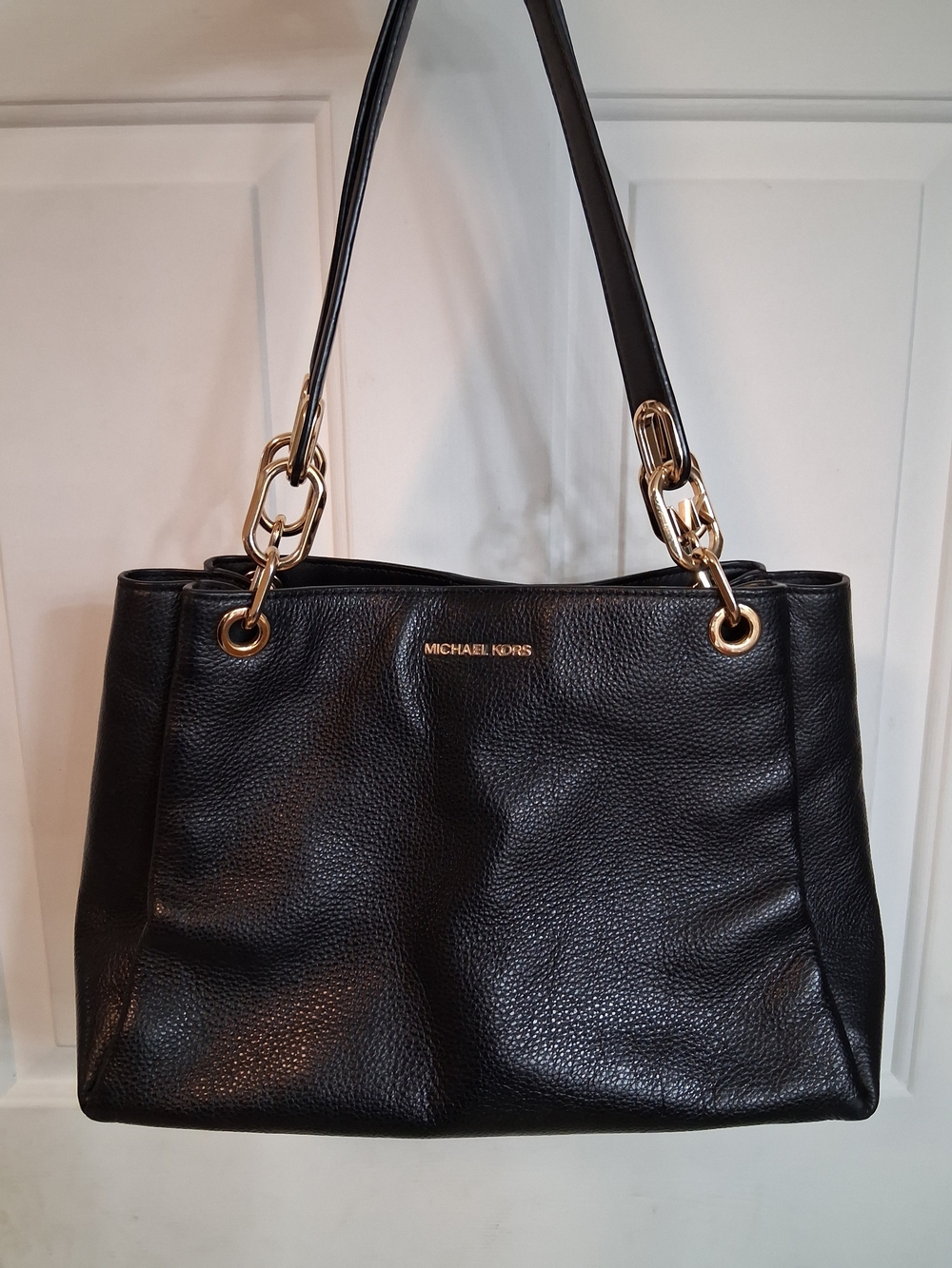 Michael Kors Purse Black Pebbled Leather Gold Tone Strap Shoulder Tote Bag